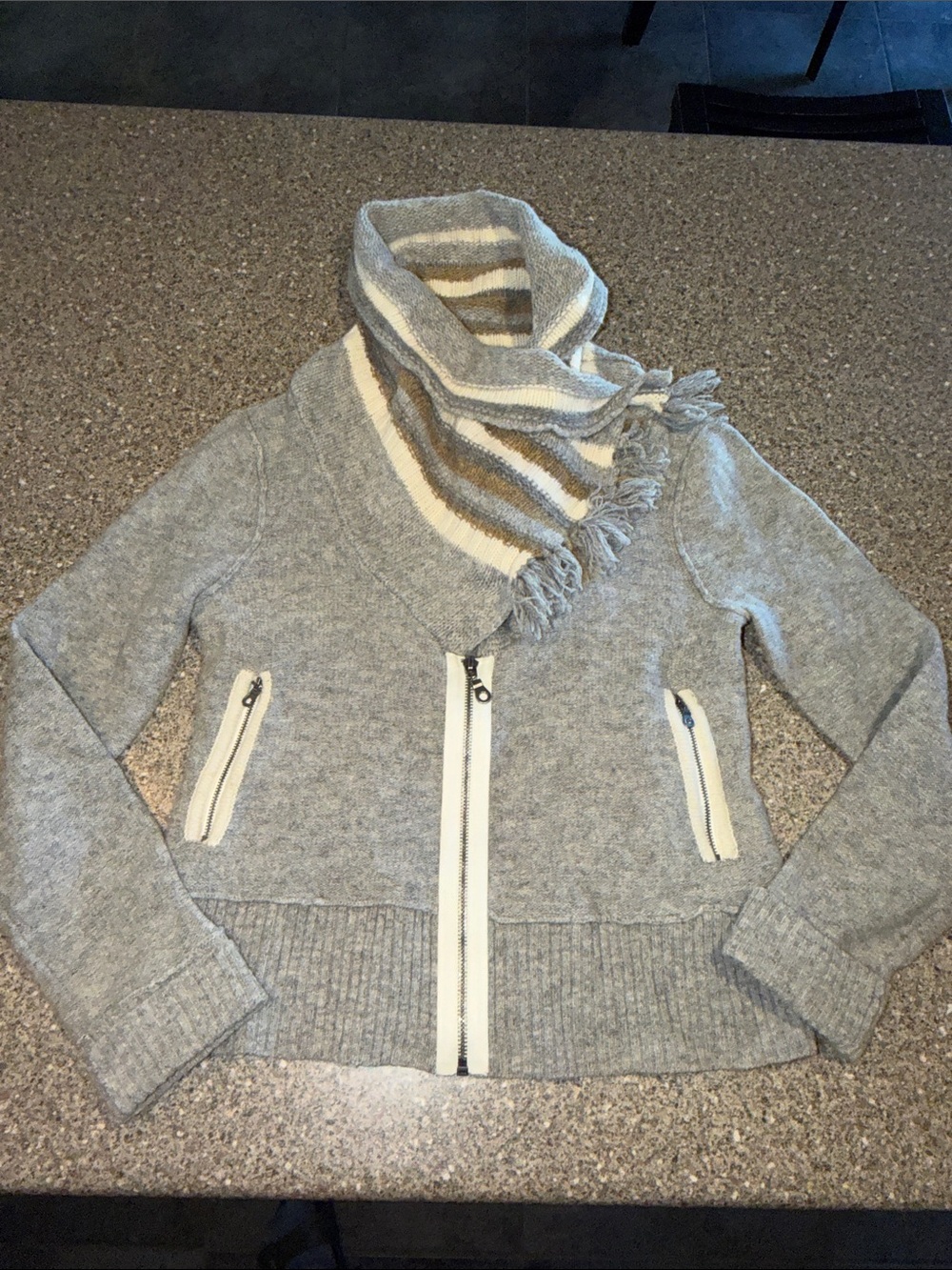 Free People Wool Zip Sweater Cardigan with Striped Cowl Neck Scarf